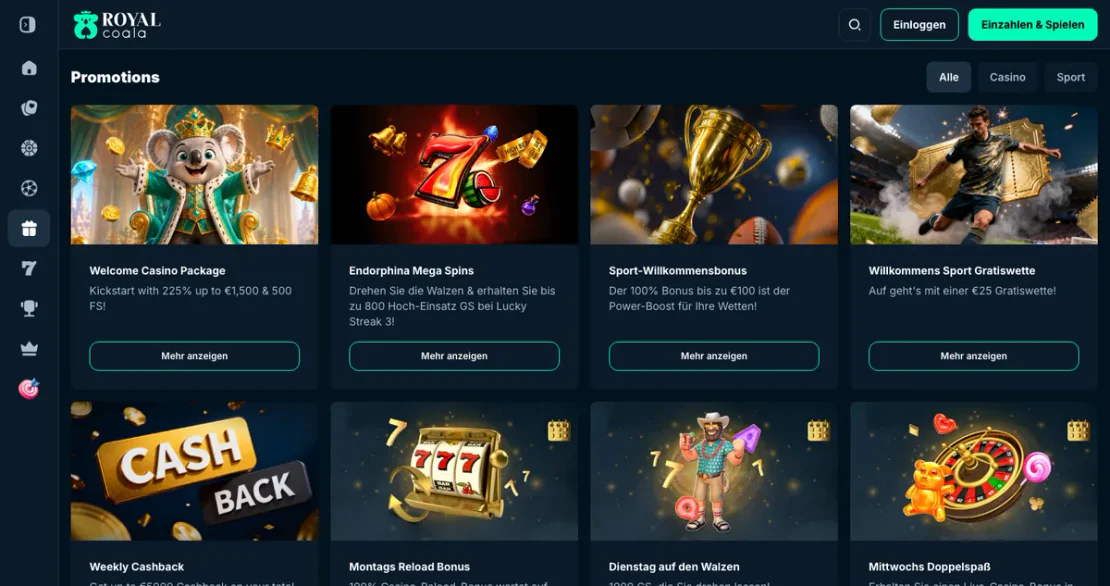 Bonusbereich auf der Website von royalcoala.com